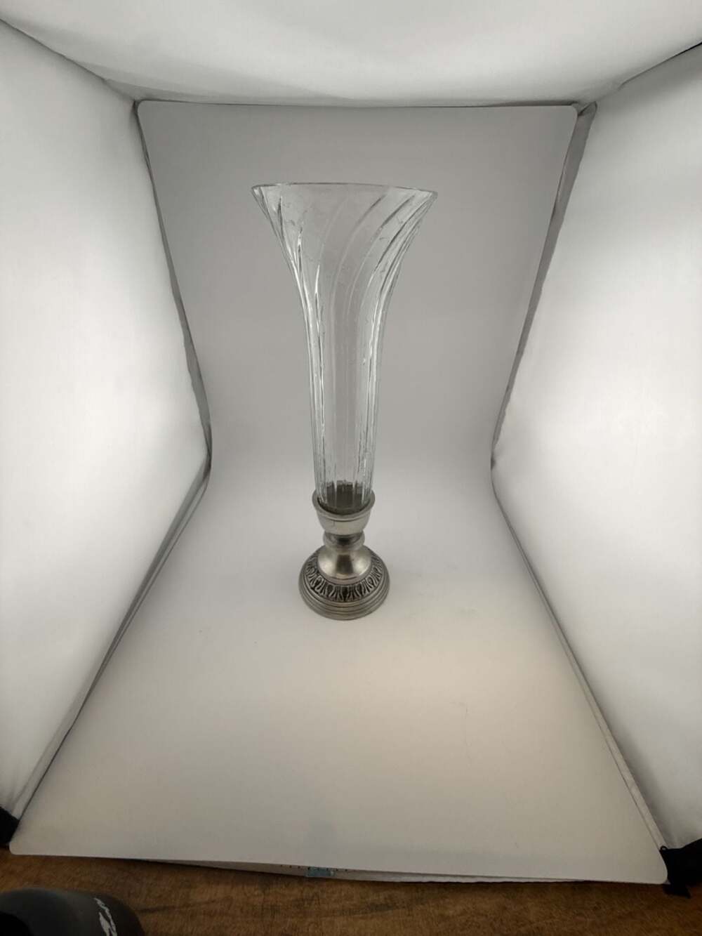 J.J. Inc. Glass Vase With Metal Stand Clear Fluted 12"